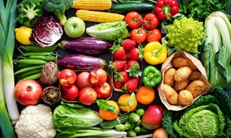 Food Background With Assortment Of Fresh Organic Fruits And Vegetables