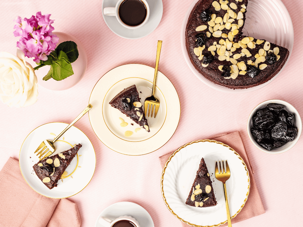 California prune and almond cake with a cup of coffee