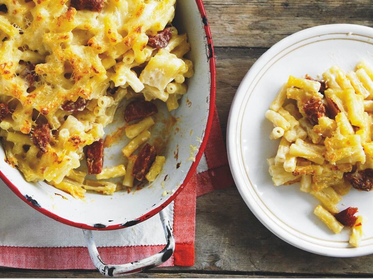 Yeo Valley Organic chorizo mac and cheese in a serving dish and bowl