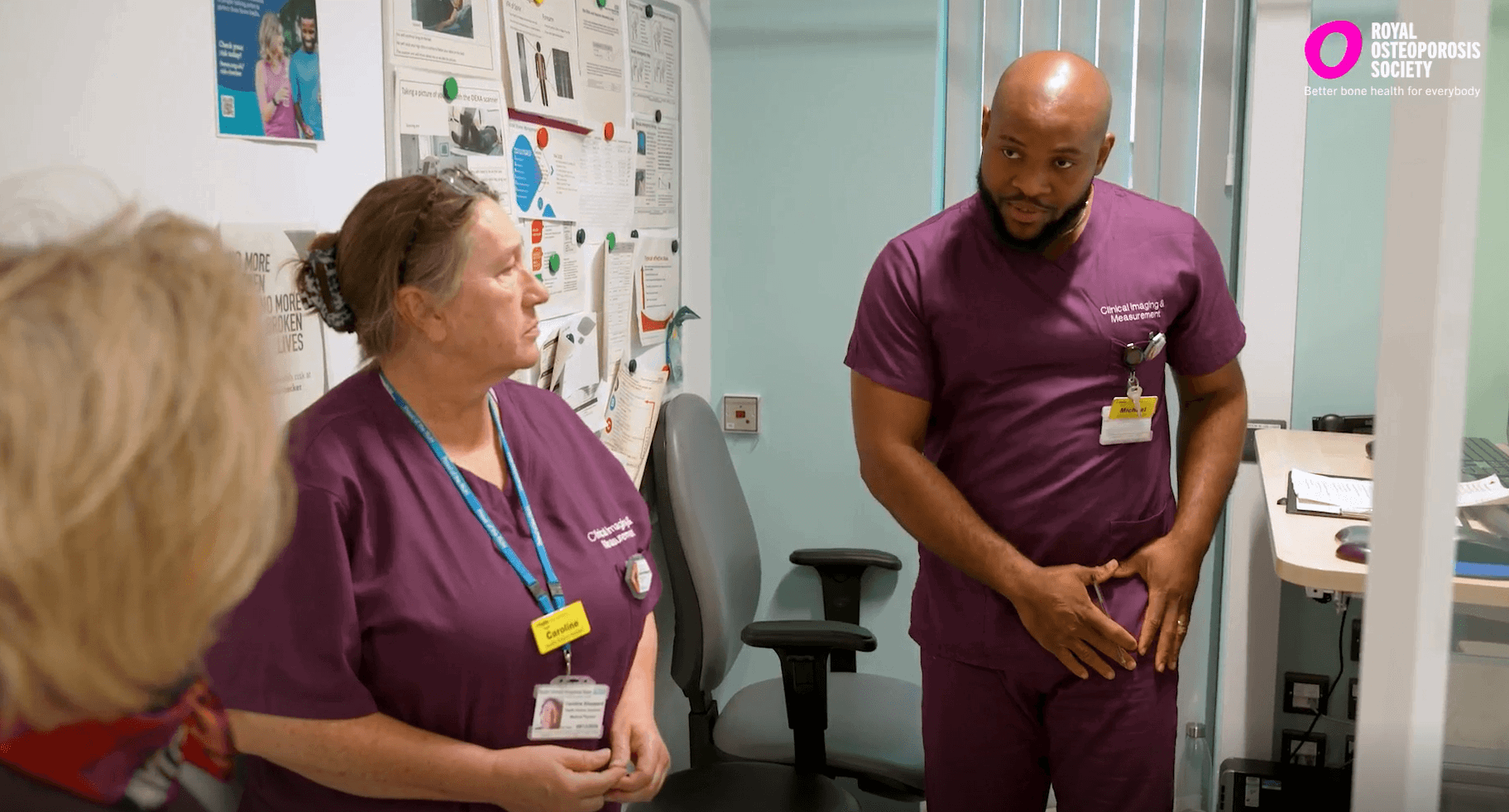 Radiographer discussing what happens at a bone density scan with patient