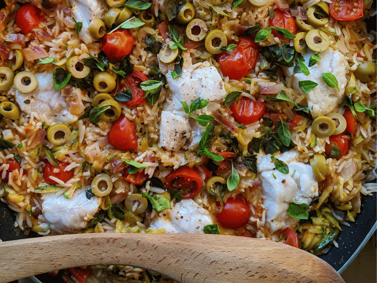 A close up of My Gluten Free Guide's Mediterranean fish one pot