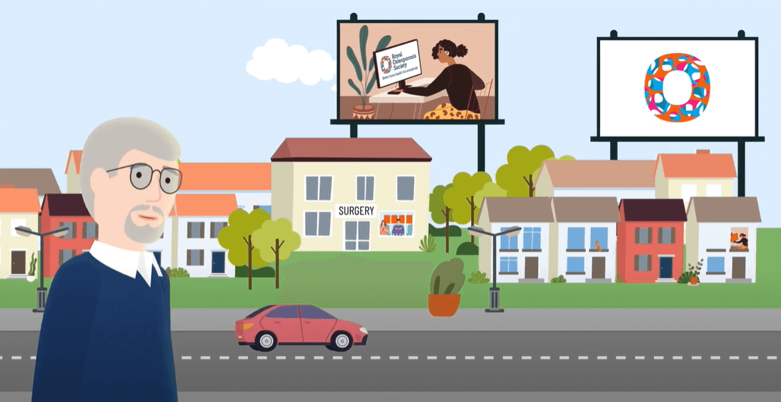 Graphic of a man with glasses, pictured on a road with houses, trees, a doctor's surgery, and billboards with the ROS logo