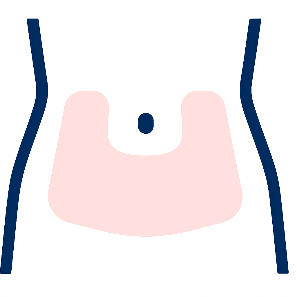 Outline of tummy area showing tummy button and pink area underneath where injection should be given.