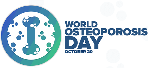 A graphic of a bone in a green and blue circle with the words 'World Osteoporosis Day October 20'