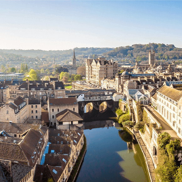 Aerial view of Pulteney bridge in Bath, England