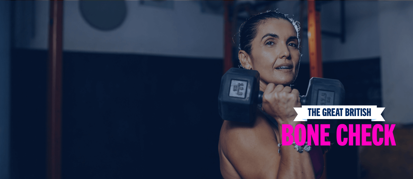 Woman strength training, looking into the distance, with the Great British Bone Check logo